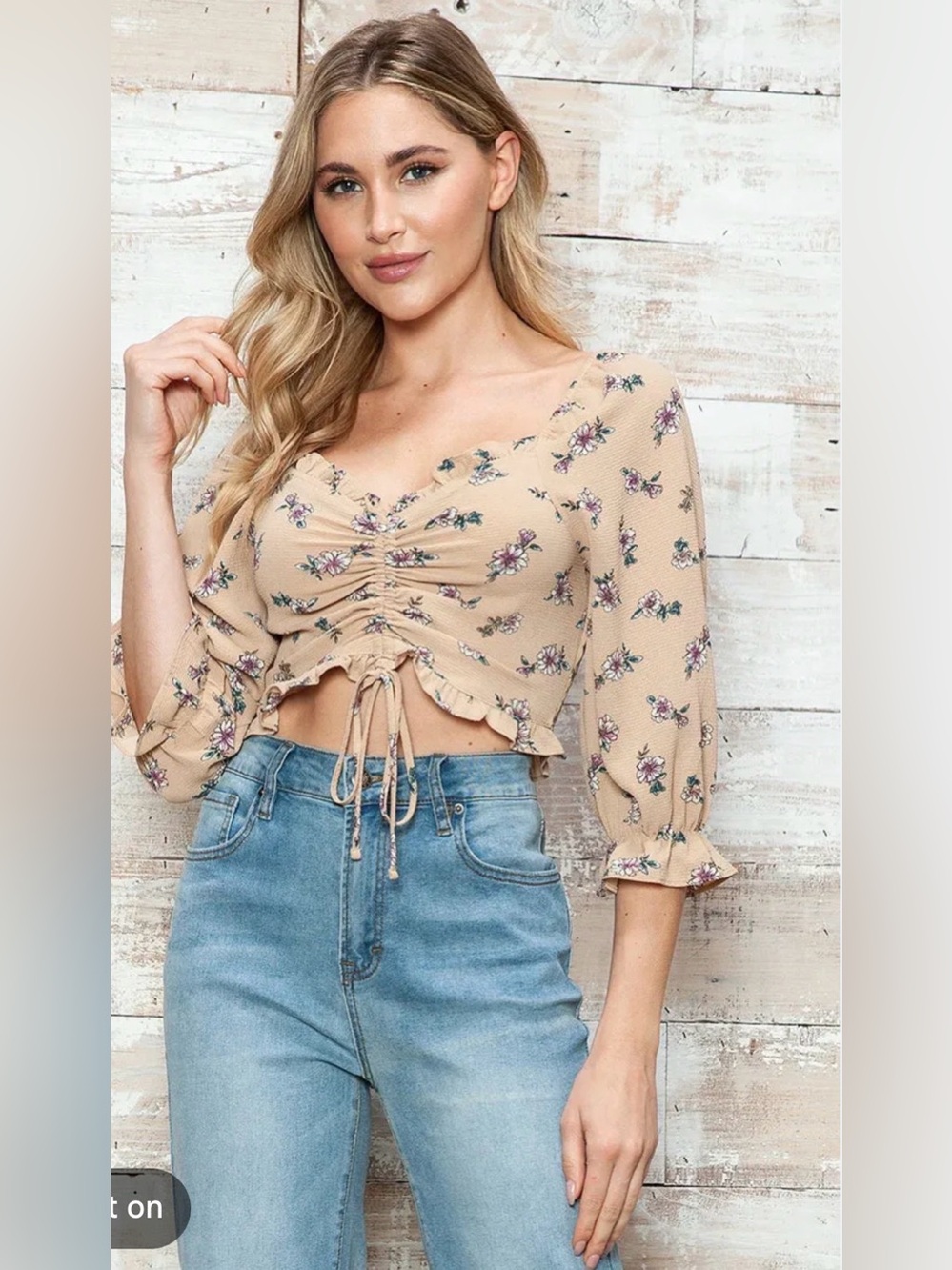 Papermoon Floral Ruched Tie-Front Crop Top in Beige - Picture 3 of 7